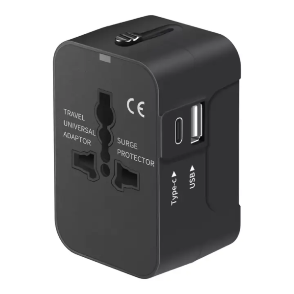 Universal Travel Adapter with multiple USB ports, 100-250V voltage compatibility, and global power outlet compatibility for worldwide use
