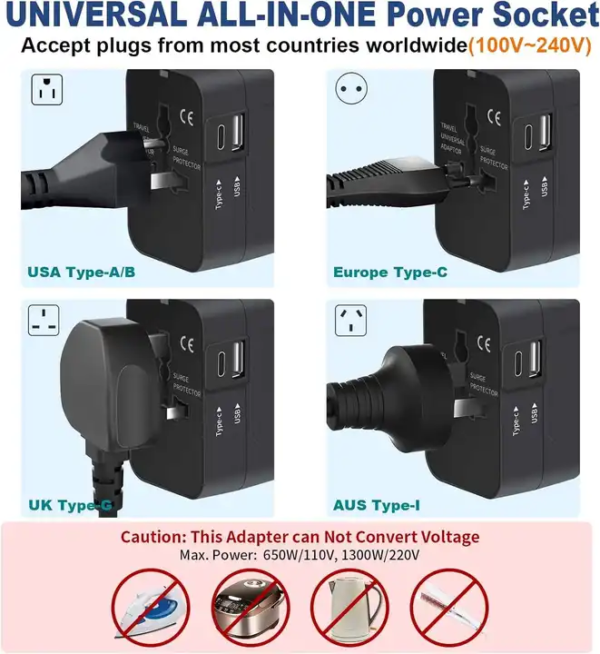 Universal Travel Adapter, International All in One Worldwide Travel Adapter and Wall Charger with USB Ports with Multi Type Power Outlet USB 2.1A,100-250 Voltage Travel Charger - Image 7