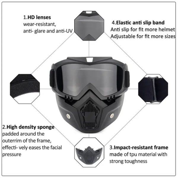 Anti Scratch Goggle Bike Mask, UV Protective Open Face & Eyewear Windproof Dirt Shield Adjustable Strap Soft Foam Padded Detachable for Cycling Bike Off Road Racing Riding Unisex - Image 6