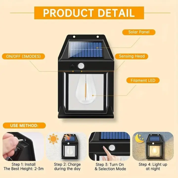 Solar Wall Lights Outdoor Motion Sensor Auto Chargeable Exterior LED Sconce Front Porch Security Lamps waterproof for Patio Garden - Image 4